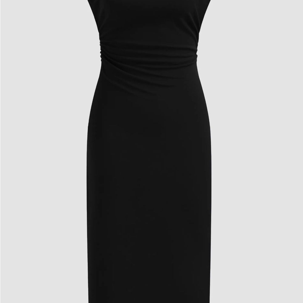 Cider Black Sleeveless Midi Dress with Ruched Waist